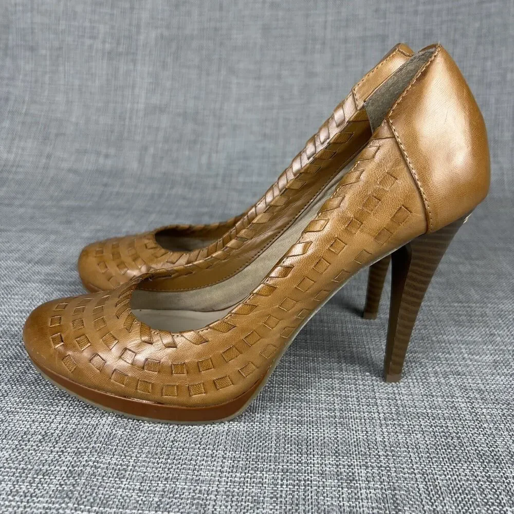 Andrew Geller Sz 7 Whisky Brown Woven Leather Platform Pumps Wood Stiletto Heels - Picture 2 of 10